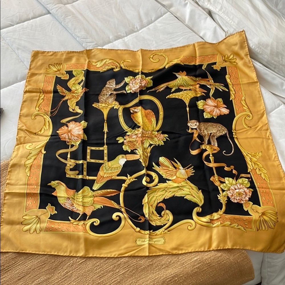 Salvatore Ferragamo Authentic Vintage Parrots & Monkey’s Large Scarf. P100